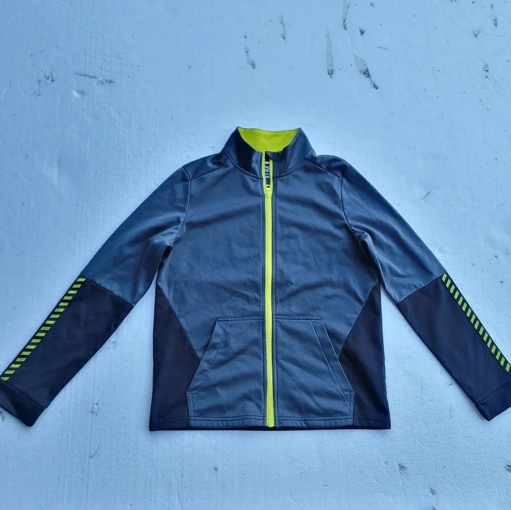 Athletic Works Boys Full Zip Track Jacket Size L (10-12) Gray Black Yellow